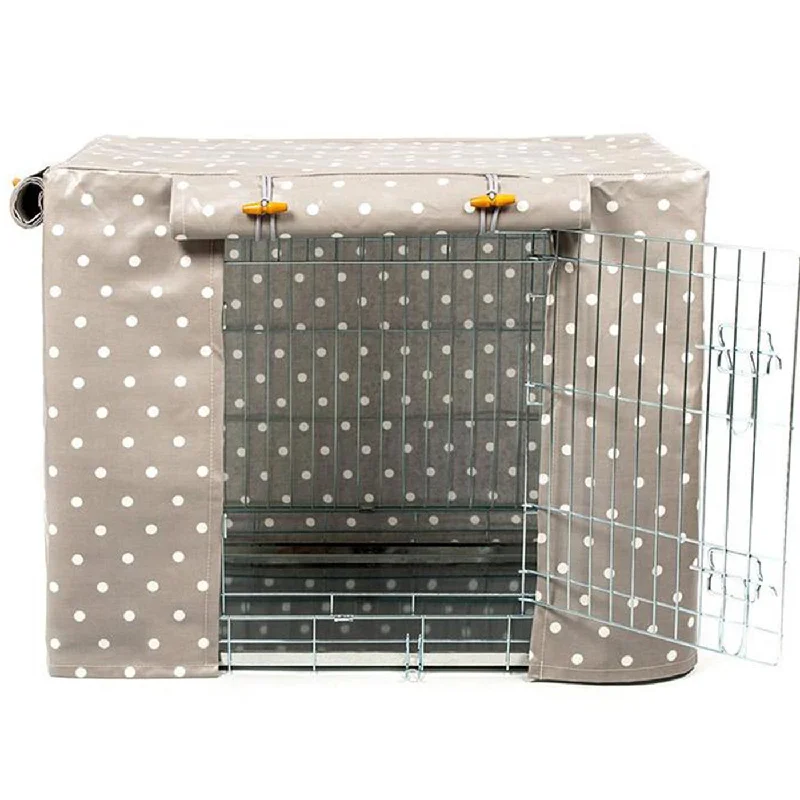 Gold Dog Crate with Crate Cover in Grey Spot Oilcloth by Lords & Labradors