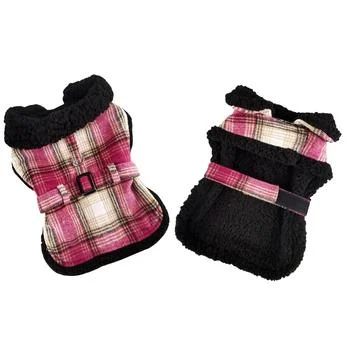 Sherpa-Lined Dog Harness Coat - Hot Pink & Tan Plaid